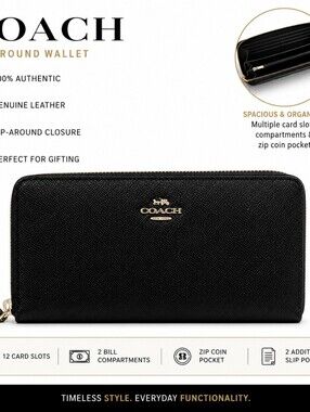 Coach Black Leather Zip Around Wallet Gold Tone